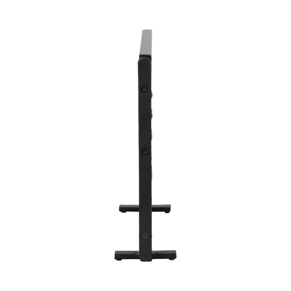 Thin black metal object, side view on white background.