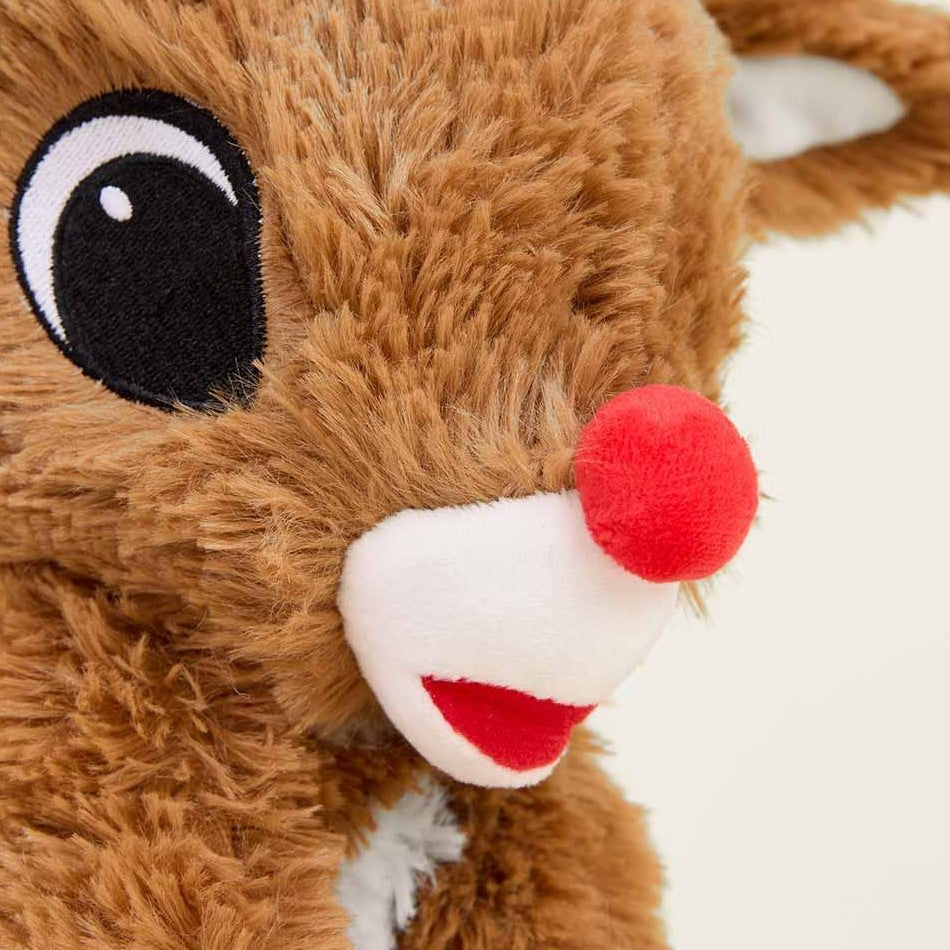 Brown plush reindeer with a bright red nose.