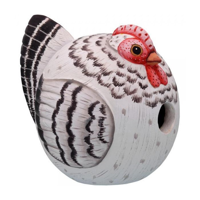 Chicken-shaped decorative birdhouse with detailed textures.