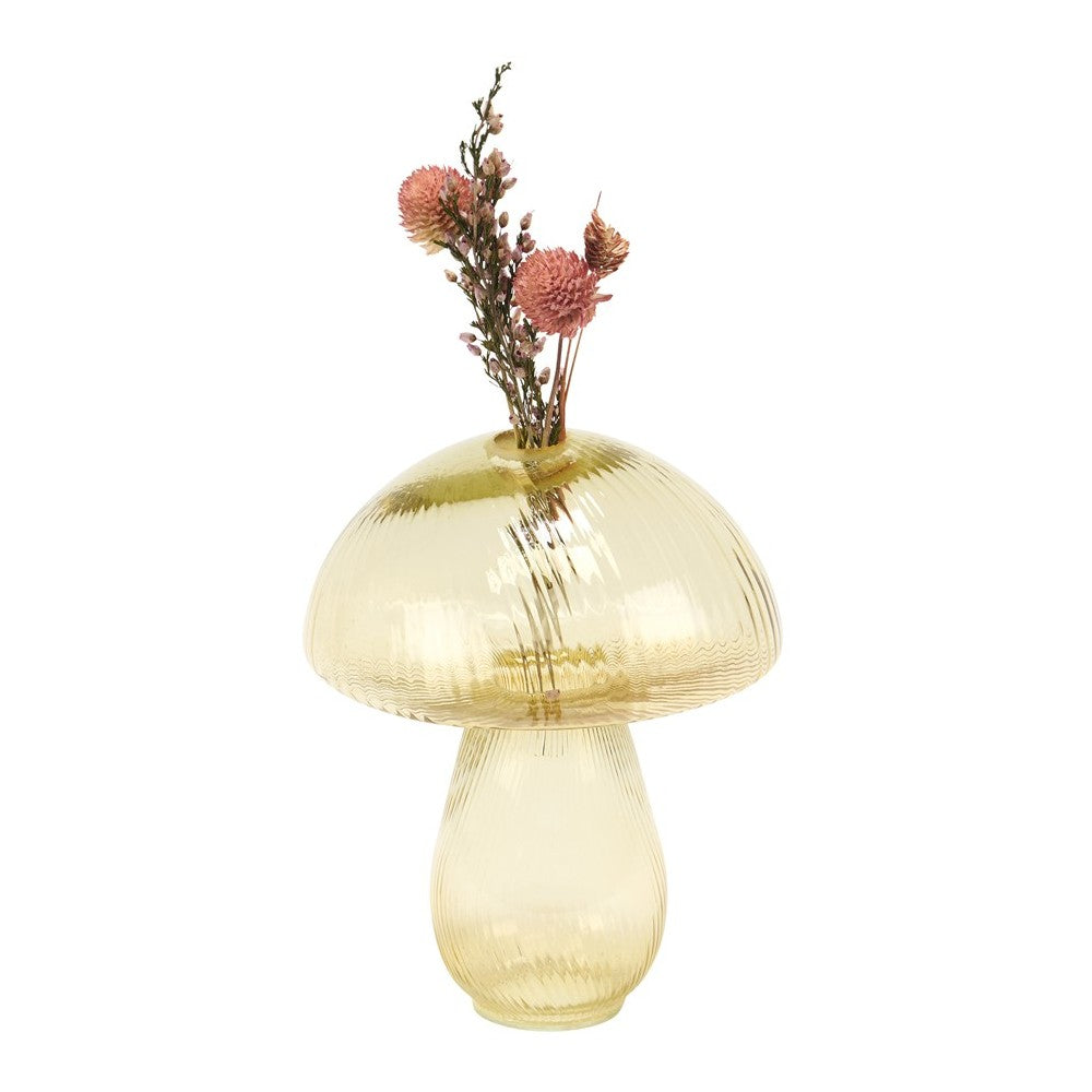 Glass mushroom-shaped vase with pink flowers.