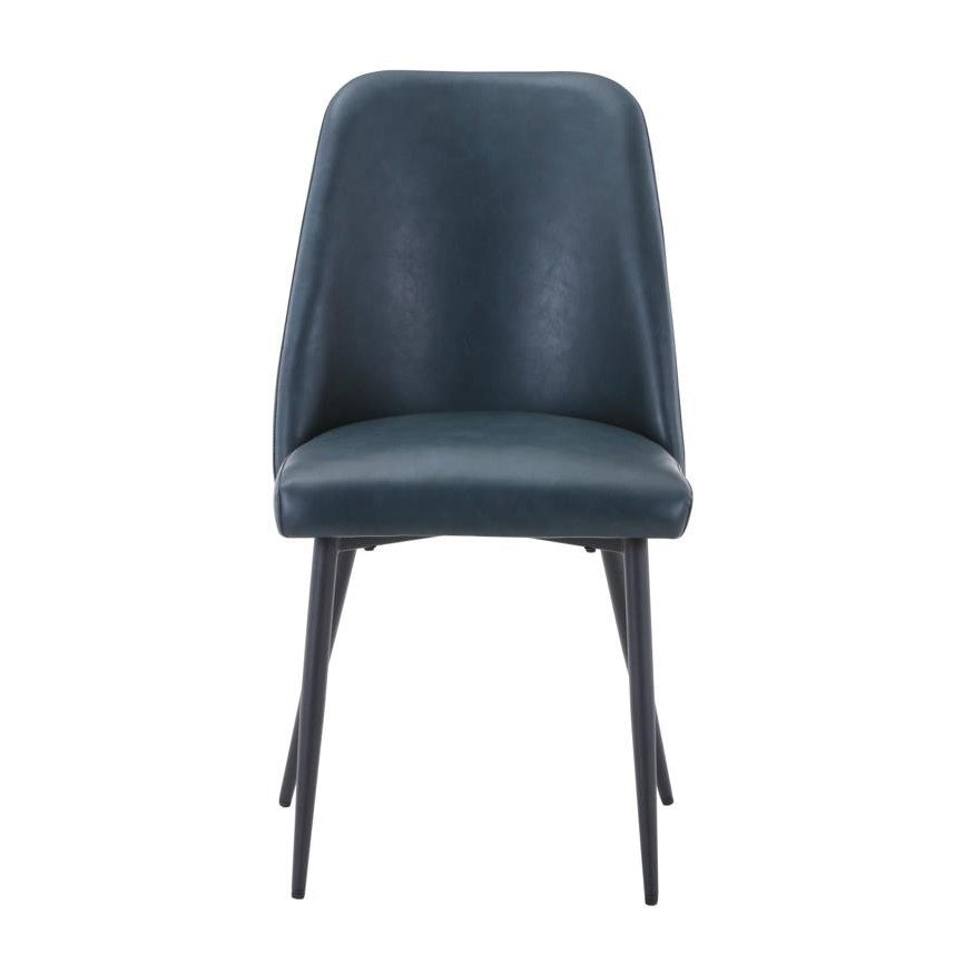 Modern blue chair with slim, black legs.