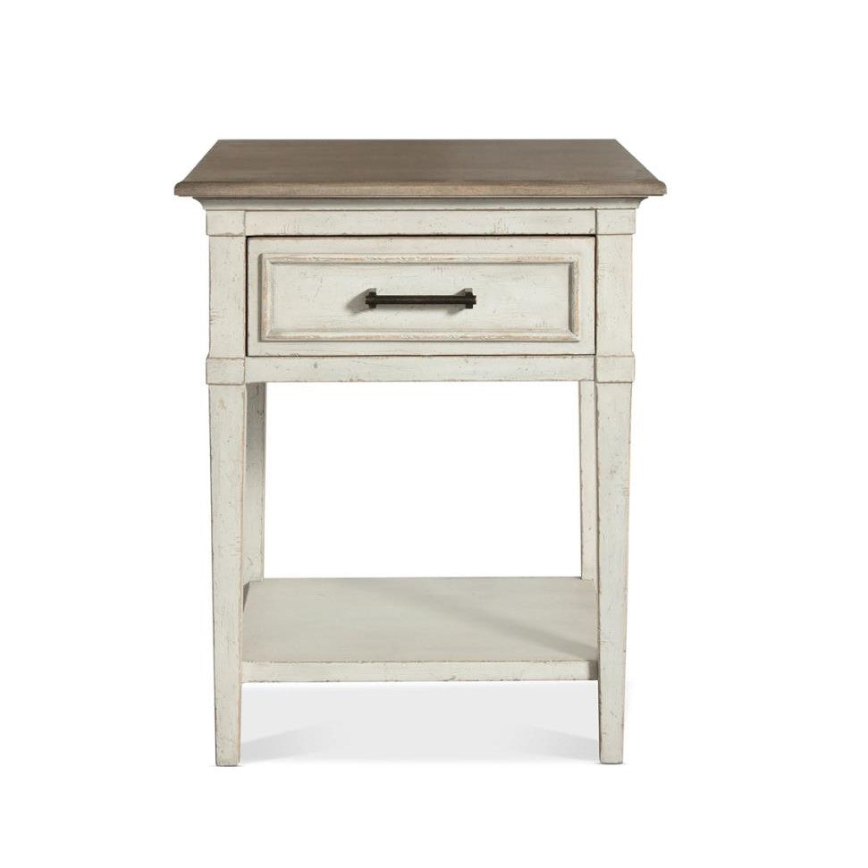 Rustic white side table with a drawer and shelf.