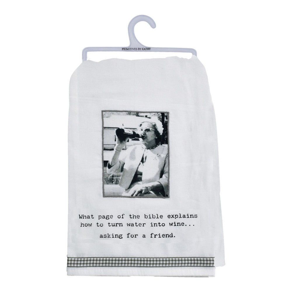 Towel with a humorous wine-themed message and vintage photo.