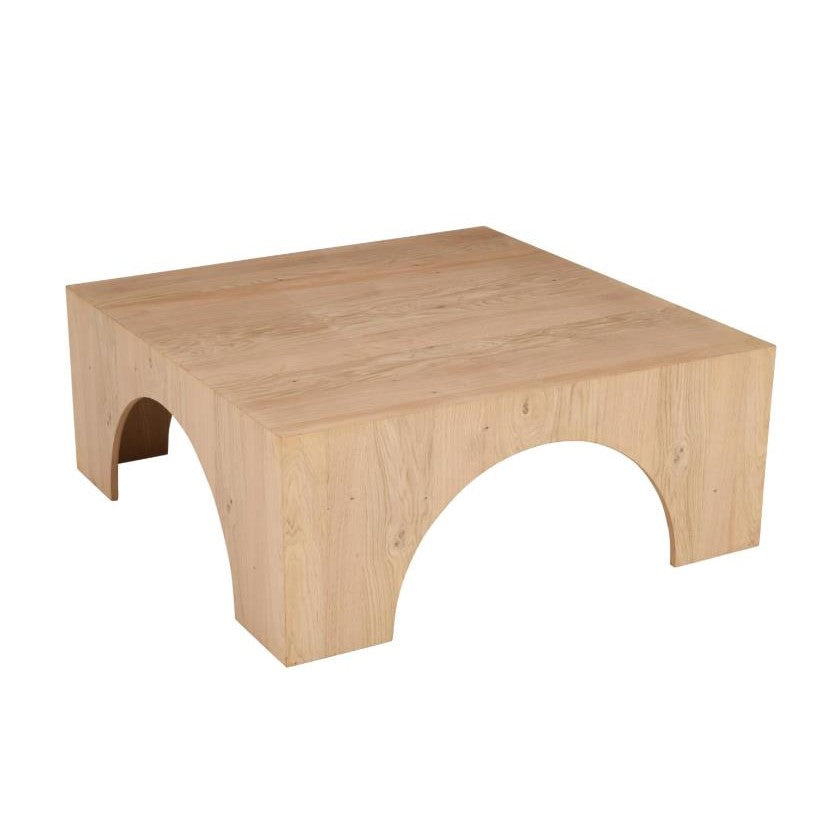 Square wooden table with arch-shaped cutouts.