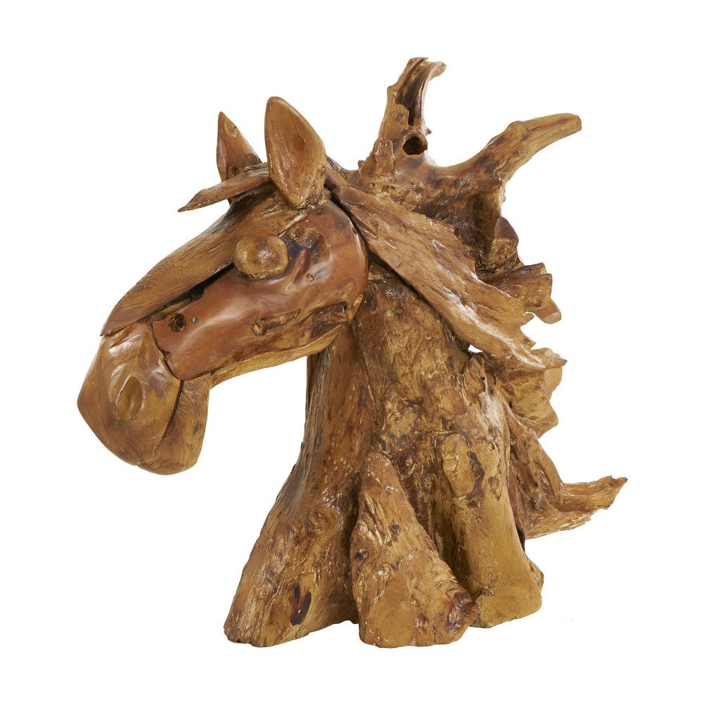 Wooden horse sculpture with natural texture and unique design.