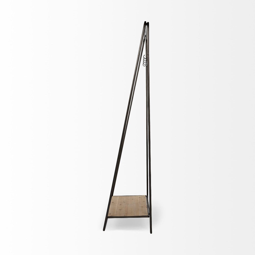 Minimalist black clothing rack with wooden base and side view.