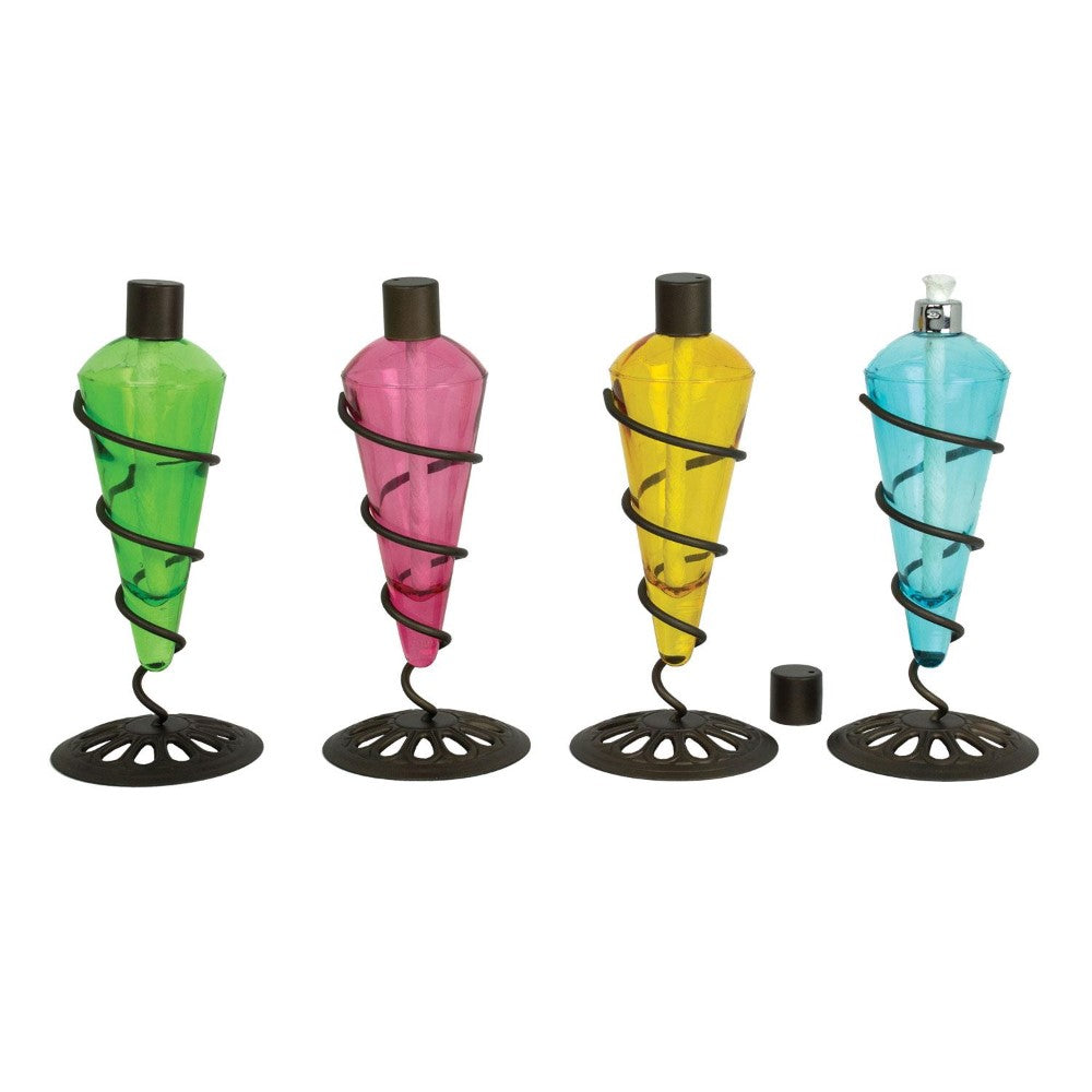 Colorful tiki torches in spiraled holders, with vibrant covers and circular bases.