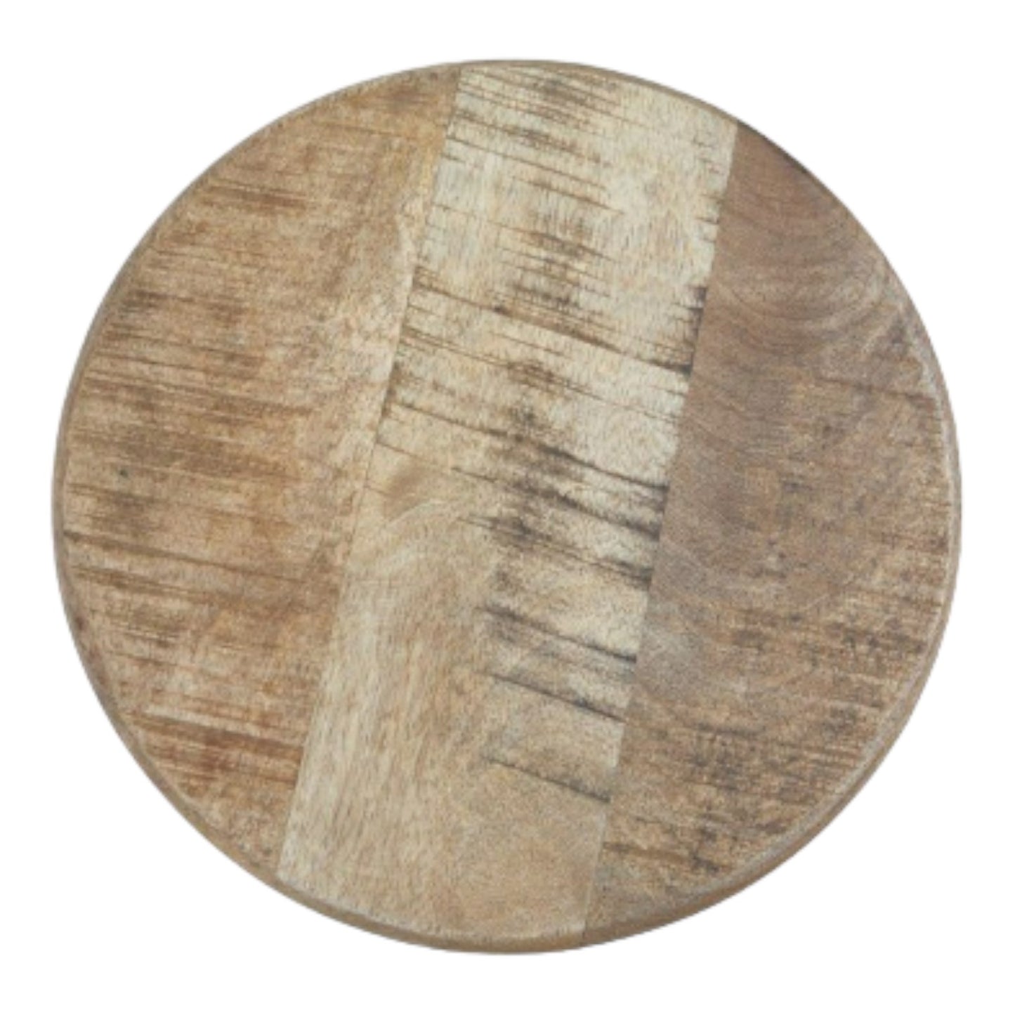 Round wooden cutting board with varied grain patterns.