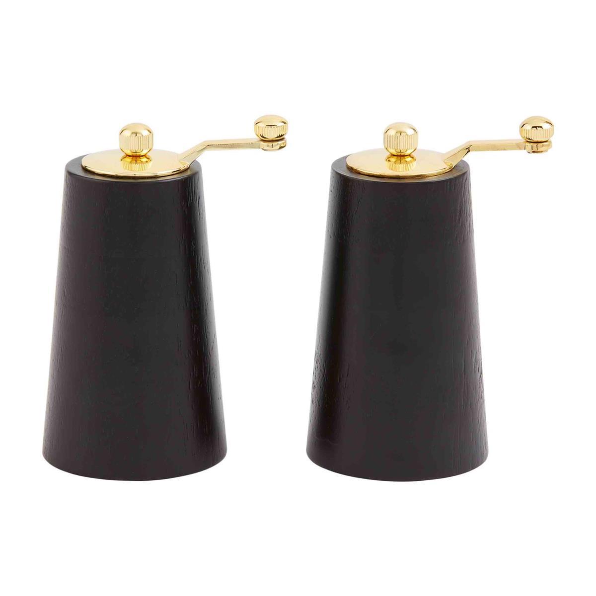 Elegant black and gold salt and pepper mills.