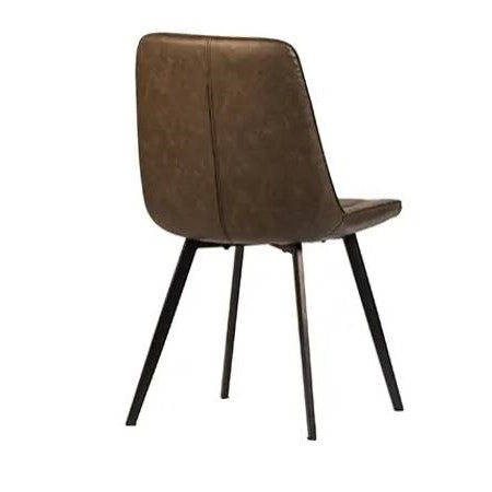 Brown leather chair with black metal legs, back view.