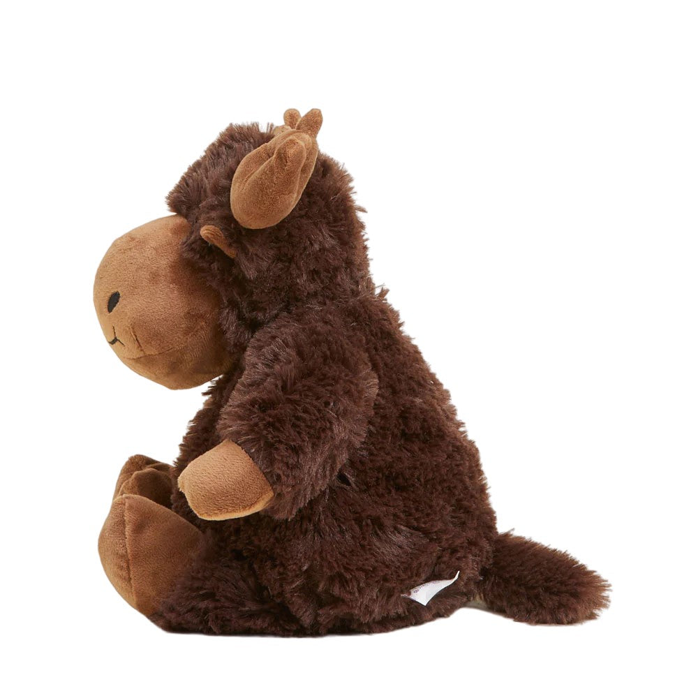 Fluffy brown stuffed moose sitting in profile view.