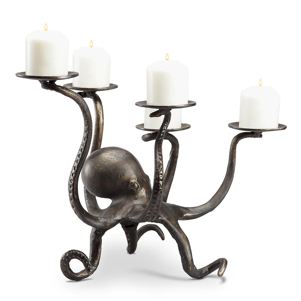 Octopus-shaped metal candle holder with five lit candles.