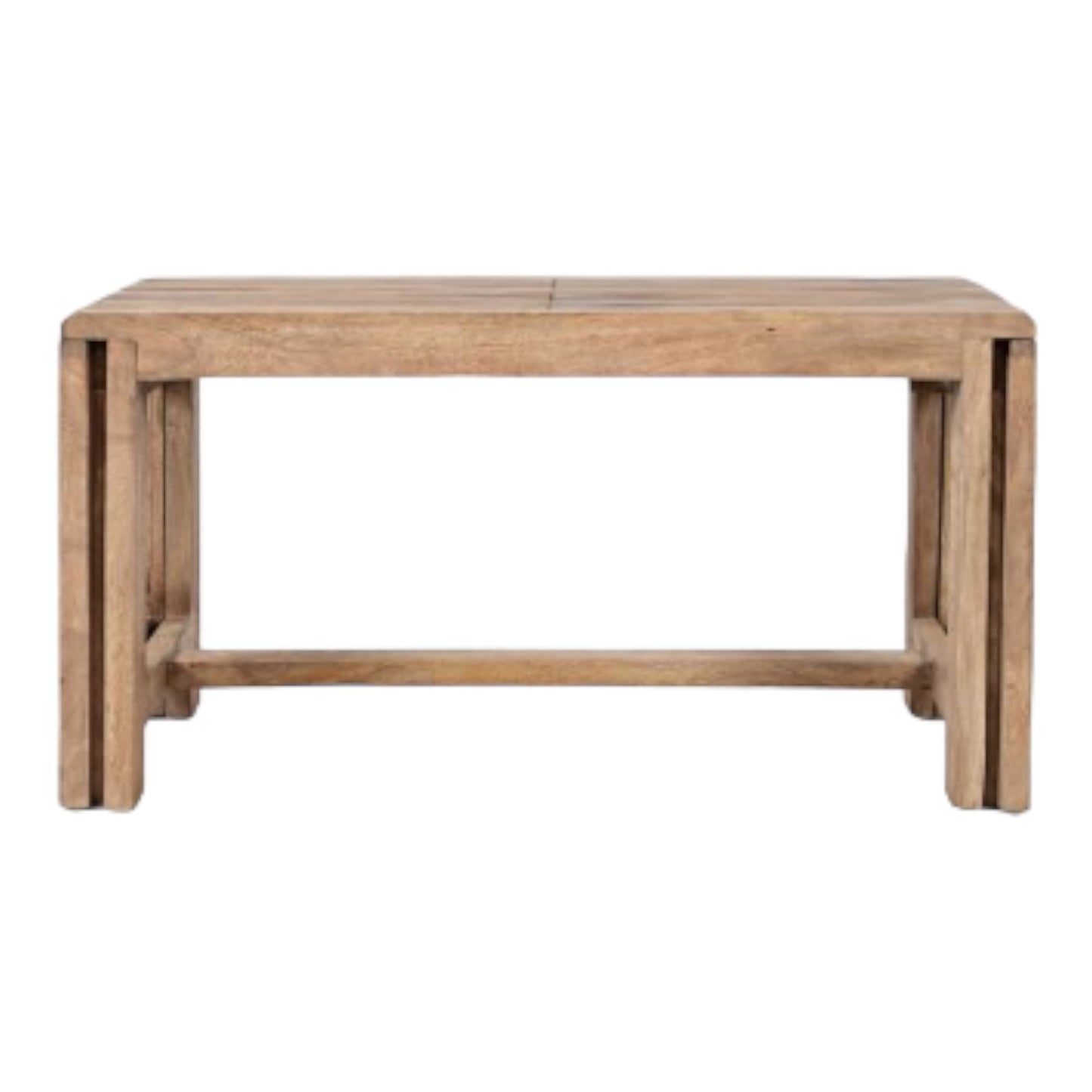 Wooden bench with simple, rustic design.