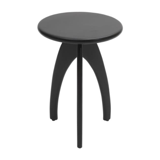 Black, round-top stool with three curved legs.