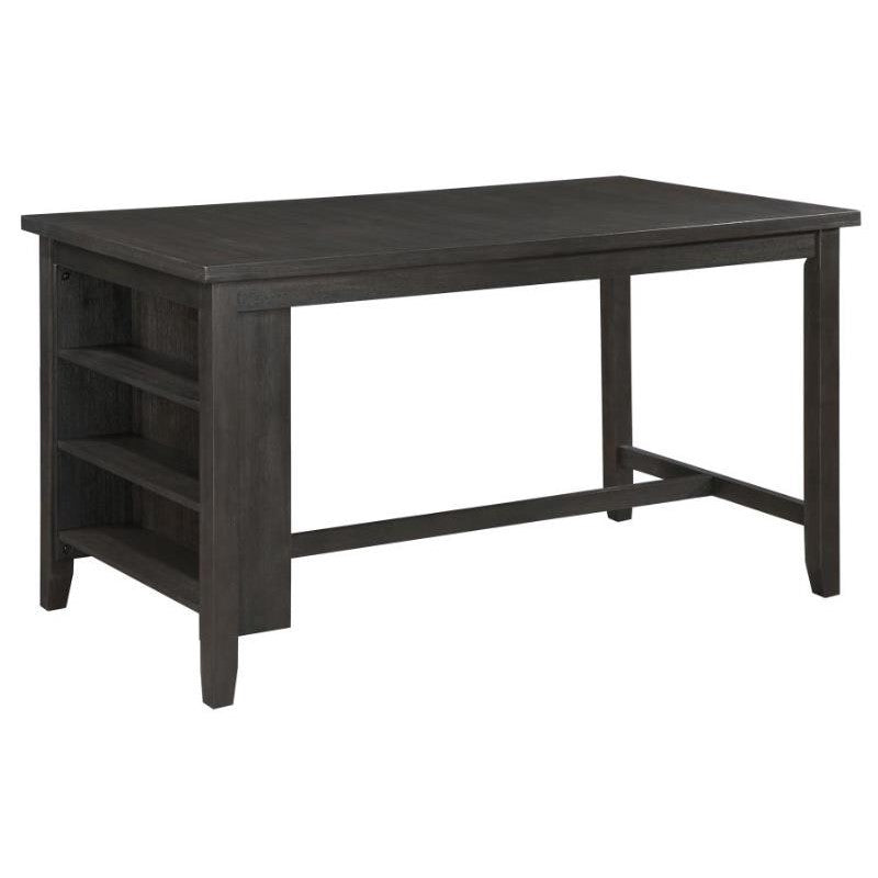 Dark wooden desk with side shelves.