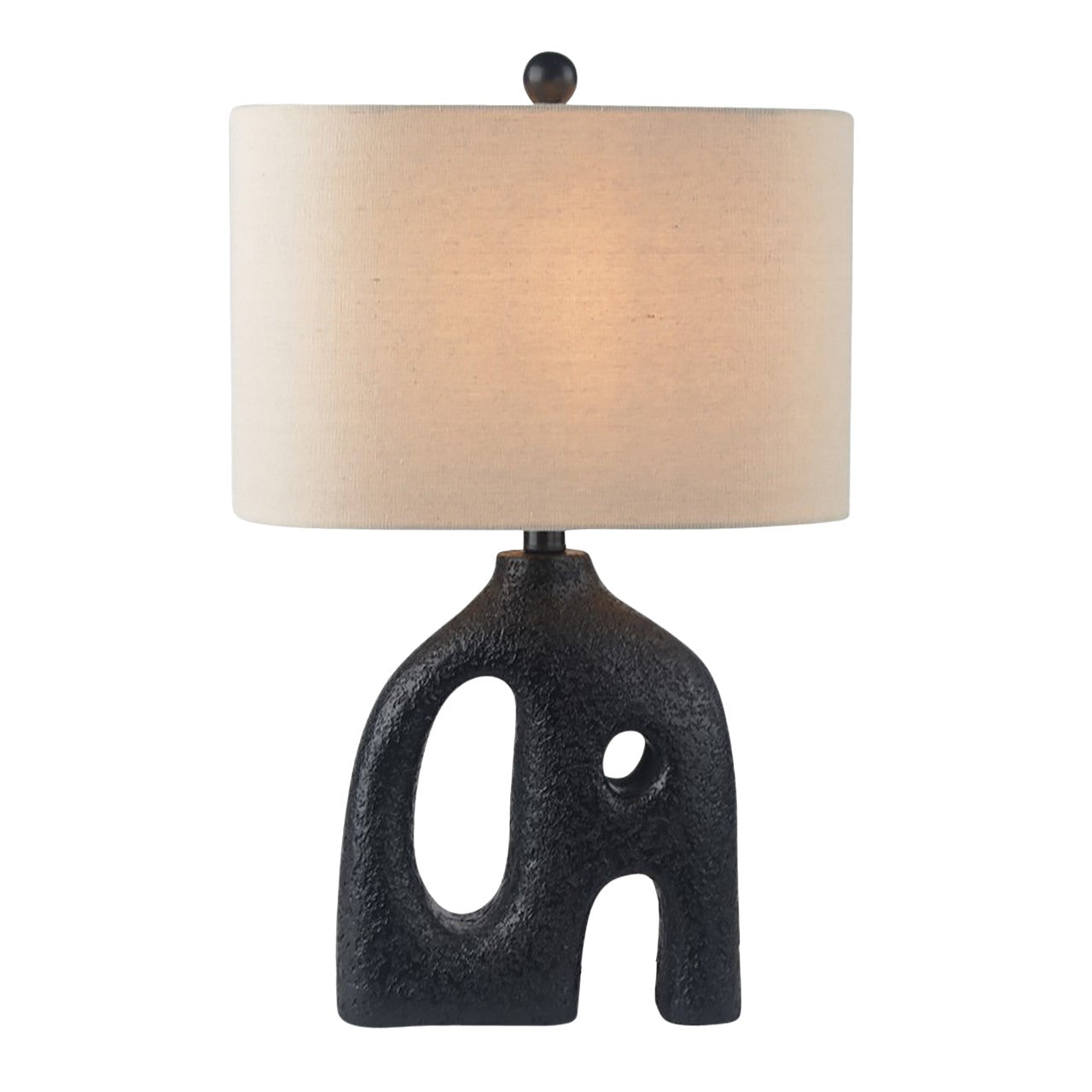 Black abstract lamp with a beige shade.