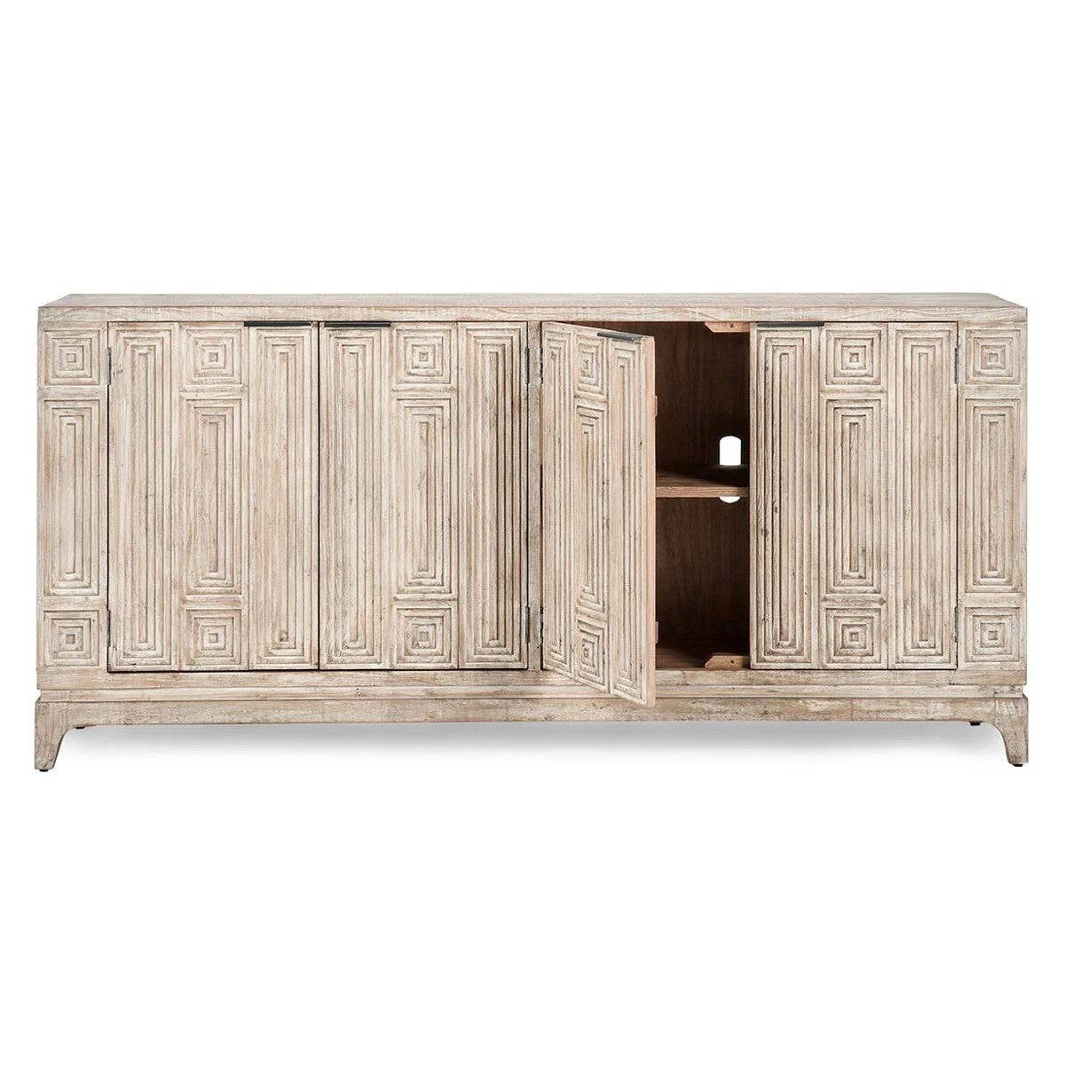 Vintage-style wood cabinet with open geometric panel door.