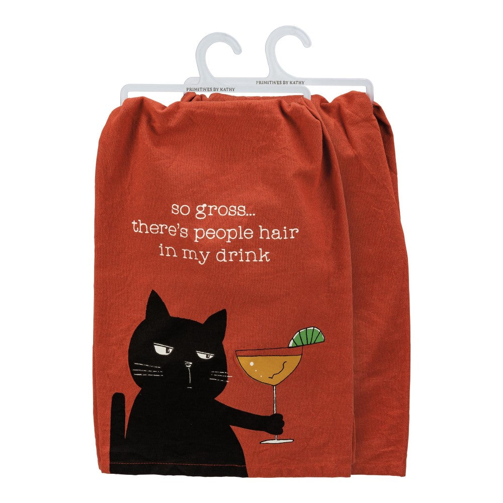 Orange towel with a cat illustration and funny drink-related text.