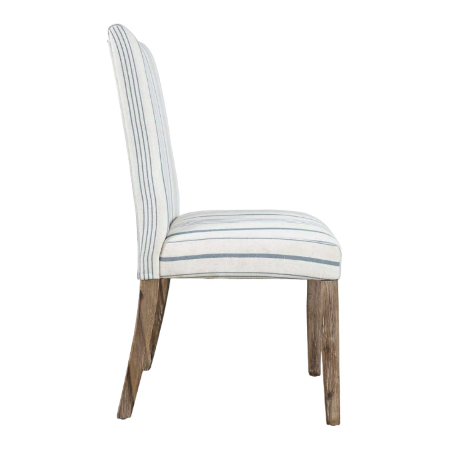 Side view of a striped upholstered chair with wooden legs.