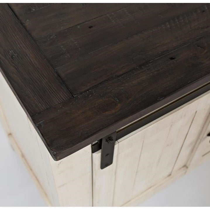 Wooden side table with dark top and white sides.