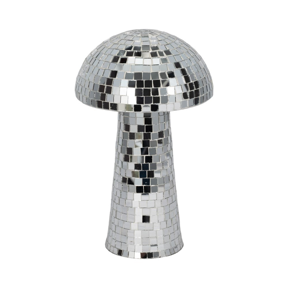 Mushroom-shaped disco ball with a mirrored mosaic surface.