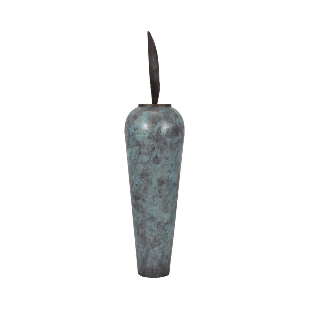 Tall, textured vase with abstract teal pattern and a vertical accent piece on top.