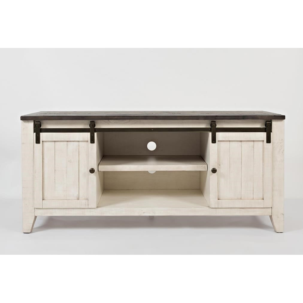 White cabinet with a dark top, featuring sliding doors and open shelves.