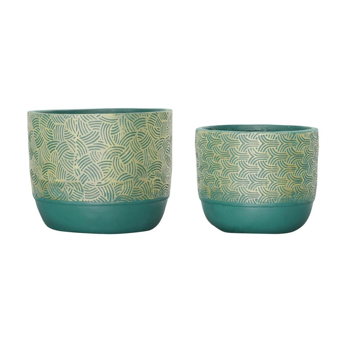 Two green ceramic planters with geometric patterns.
