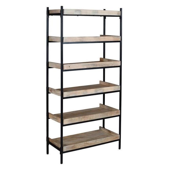 Wooden bookshelf with black metal frame, five shelves.
