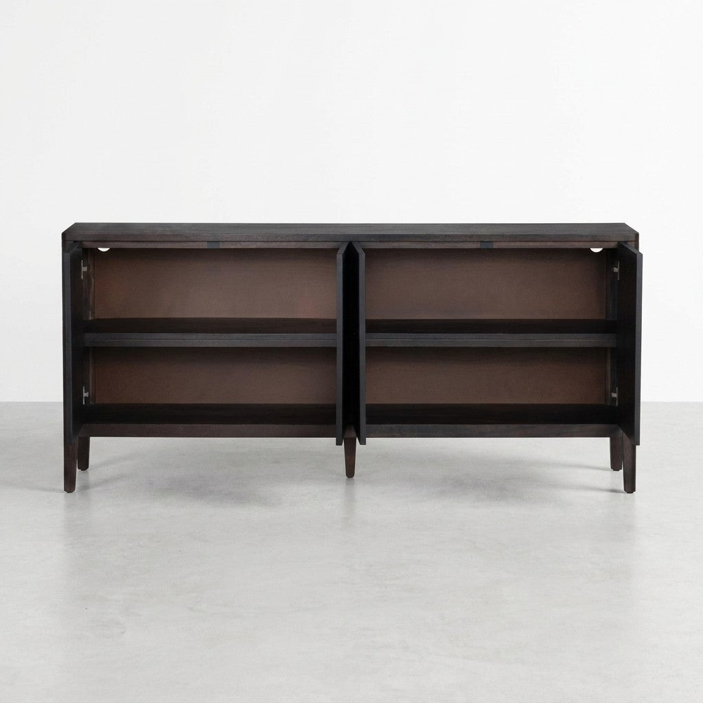 Open dark wood cabinet with shelves.