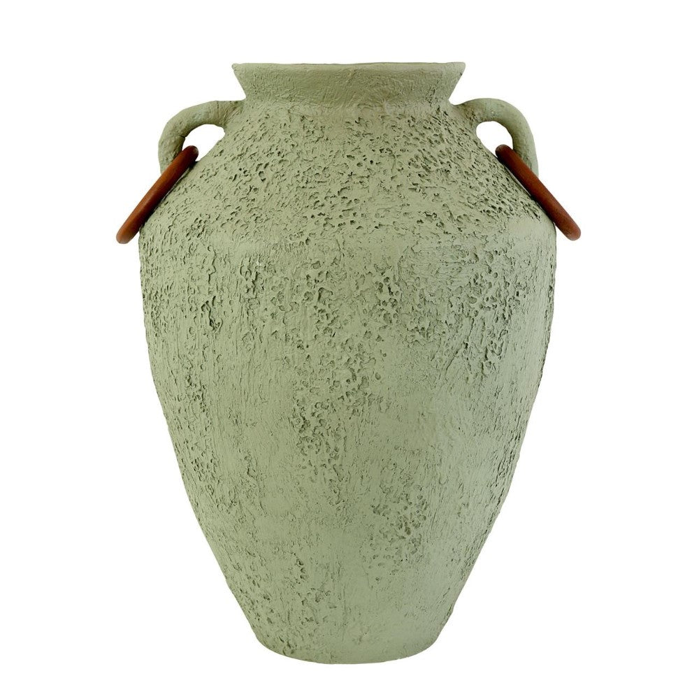 Large textured green vase with two handles and a rustic finish.