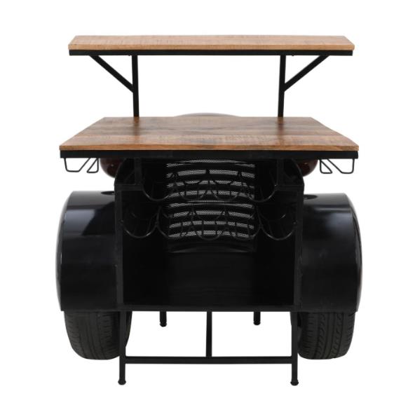 Industrial-style bar cart with shelves and tire-shaped sides.