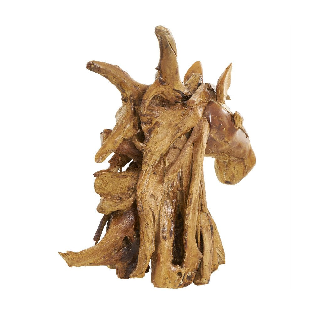 Wooden horse head sculpture with flowing, natural textures.