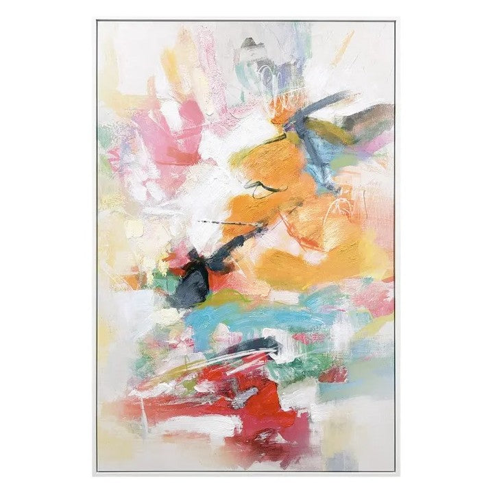 Colorful abstract painting with vibrant brushstrokes and dynamic movement.