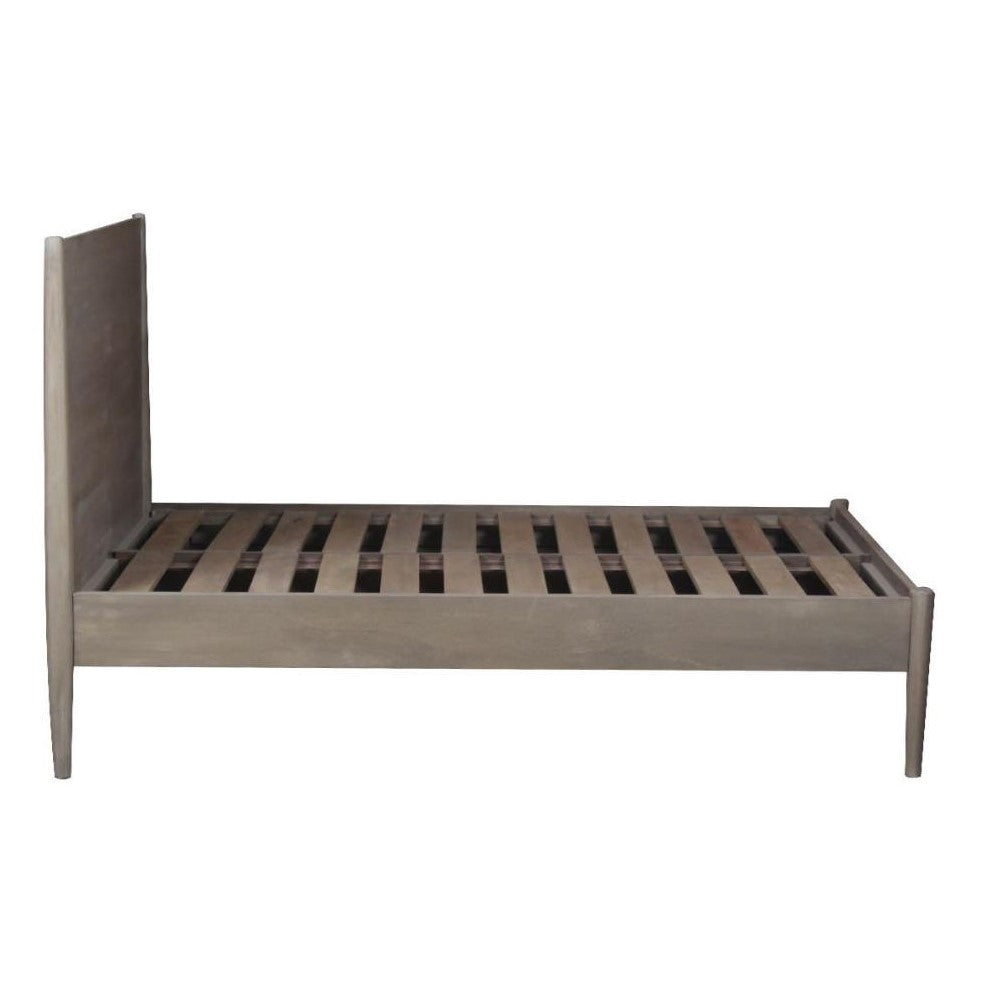 Wooden slat bed frame with tall headboard, side view.