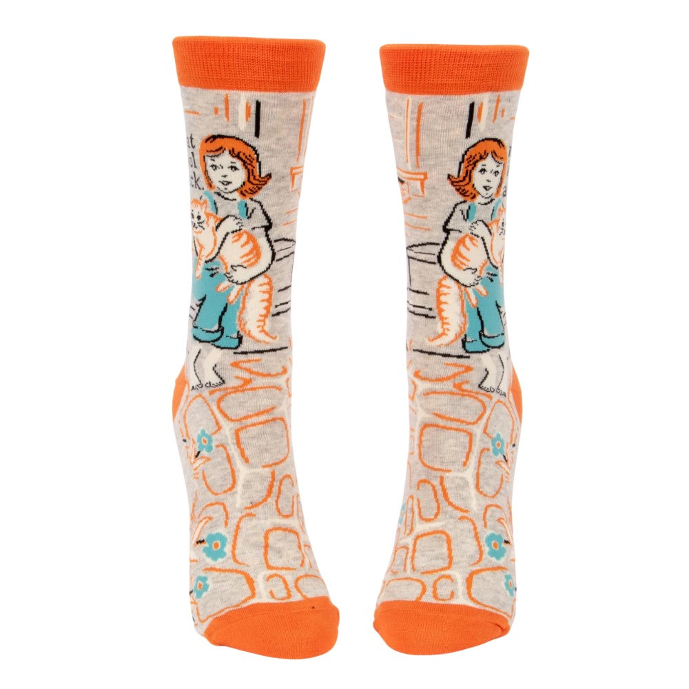 Colorful socks with a cat and person design.