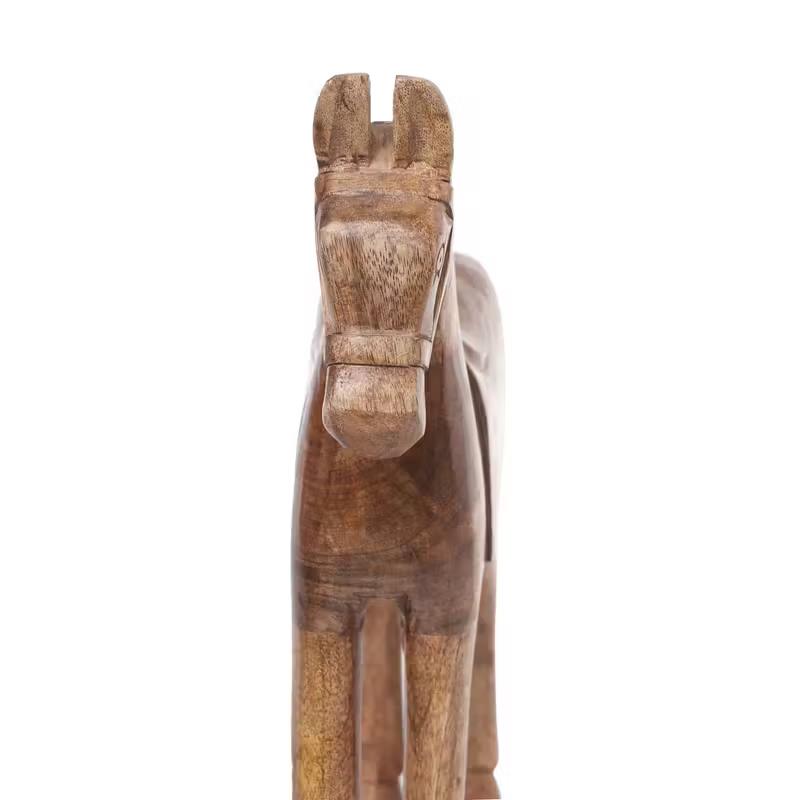 Wooden horse sculpture facing forward.