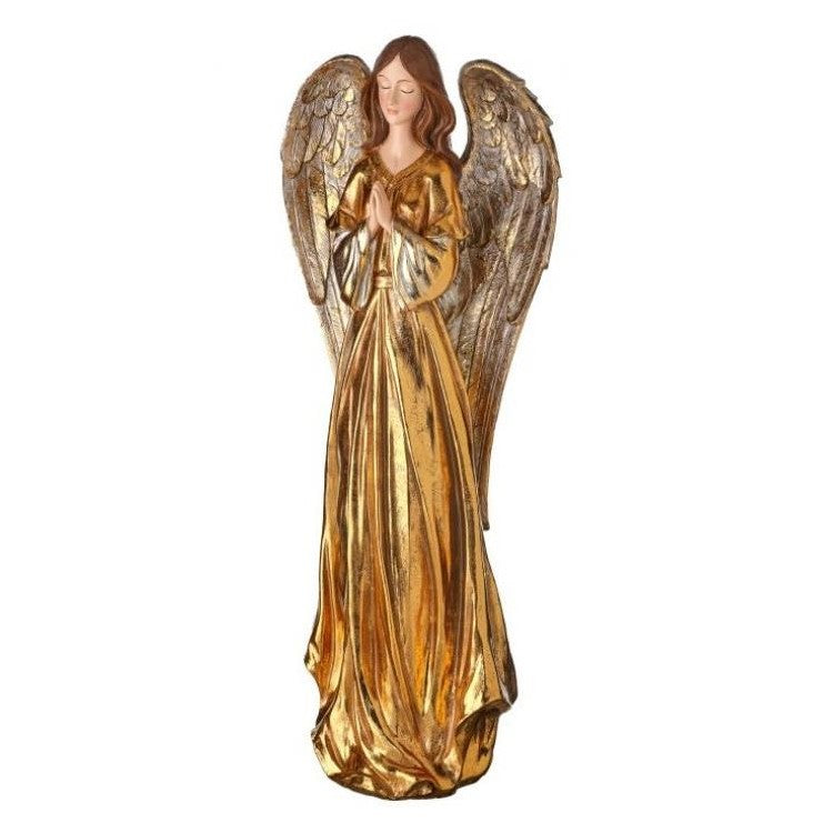 Golden angel statue with wings and hands clasped in prayer.
