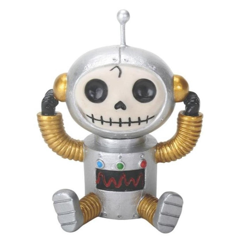 Cute robot with a skull face and golden accents.