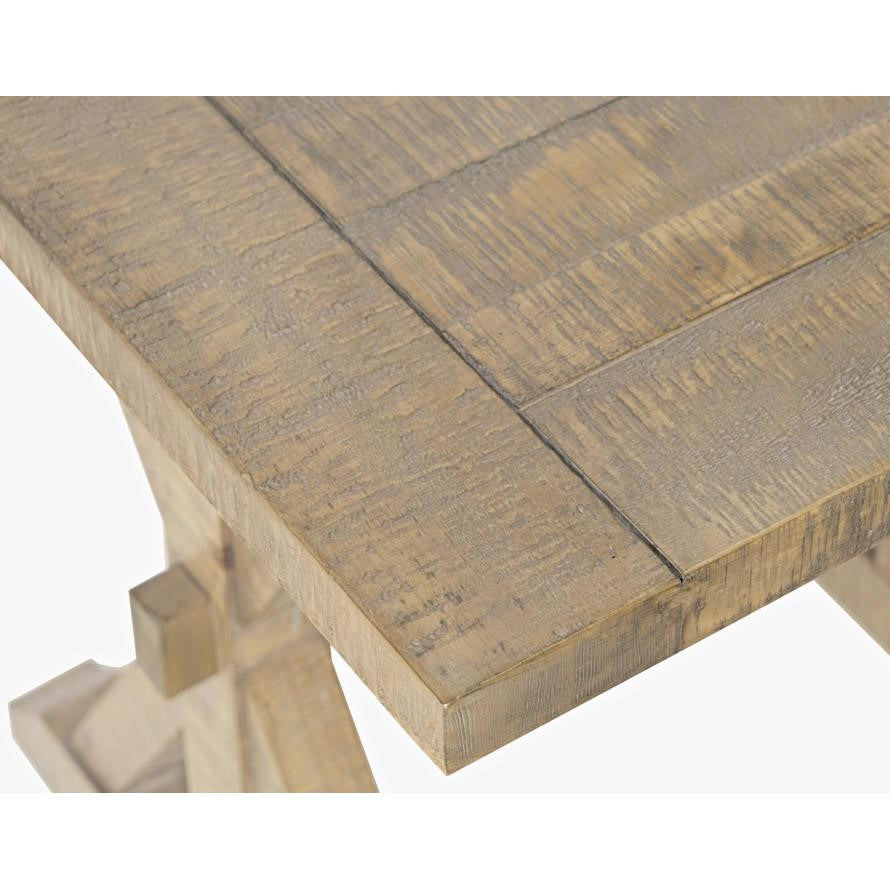 Wooden table with rustic texture and cross-braced legs.