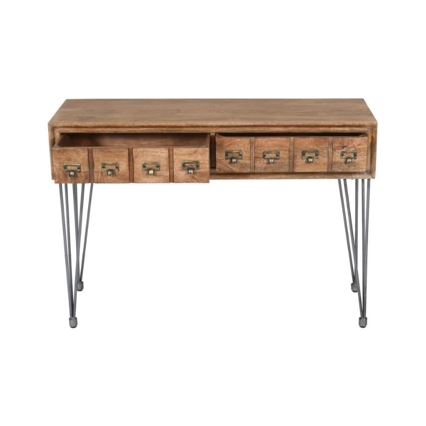 Wooden desk with multiple small drawers and metal legs.