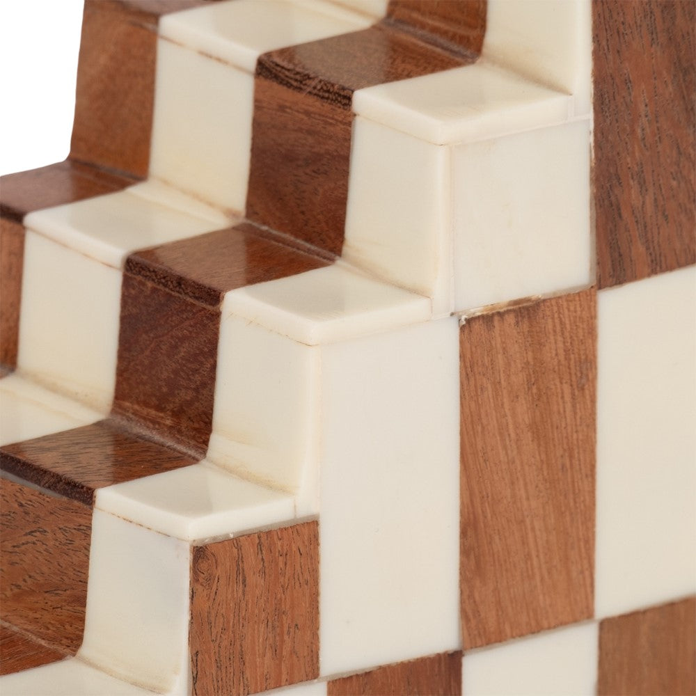 Checkered block stairs in wood and ivory tones.