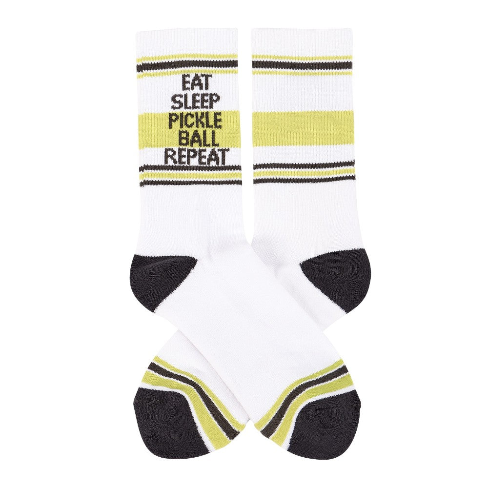 White socks with "Eat Sleep Pickleball Repeat" text and green-yellow stripes.