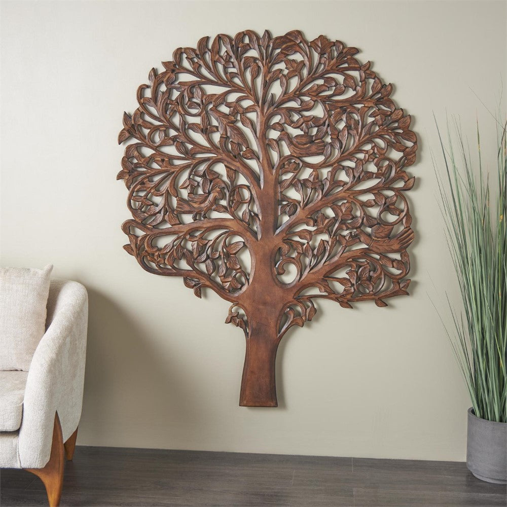 Elegant wooden tree art hangs on a serene room wall.