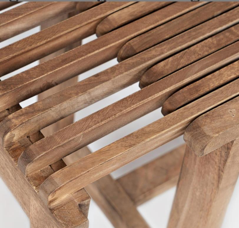 Wooden bench with curved slats, close-up view.