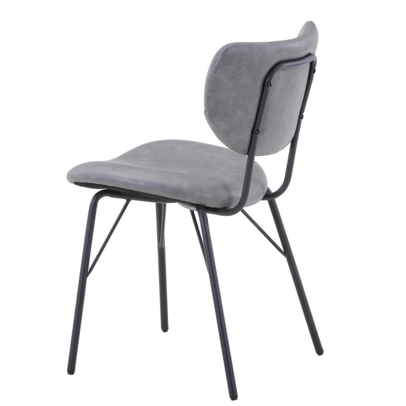 Gray padded chair with metal frame, viewed from the side.