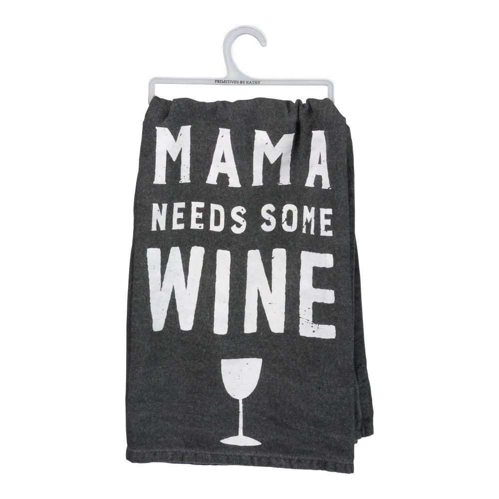 Dark towel with "Mama Needs Some Wine" printed in white.