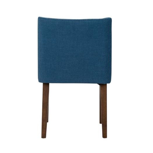 Blue upholstered chair with wooden legs, viewed from the back.