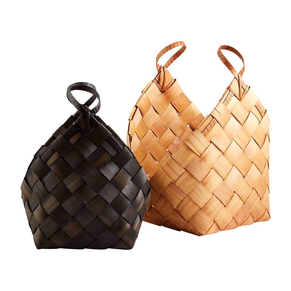Two woven baskets, one dark brown and one light brown, with loop handles on top.