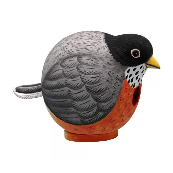 Round birdhouse shaped like a robin with a red breast and black head.